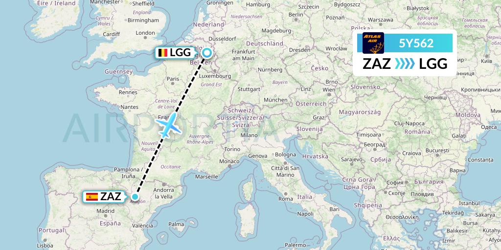 5Y562 Atlas Air Flight Map: Zaragoza to Liege