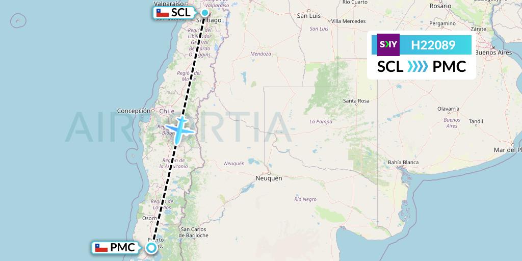 H22089 Sky Airline Flight Map: Santiago to Puerto Montt