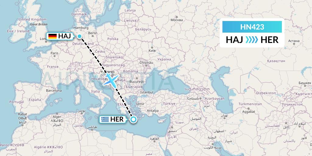 HN423 Uab Heston Airlines Jsc Heston Airl Flight Map: Hannover to Heraklion
