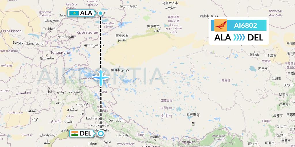 AI6802 Air India Flight Map: Almaty to Delhi