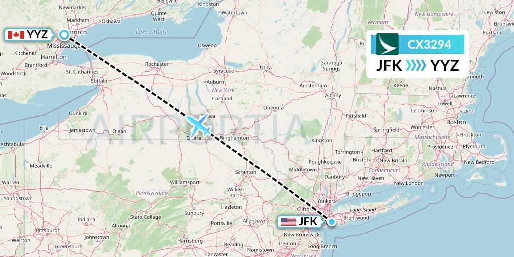CX3294 Cathay Pacific Flight Map: New York to Toronto
