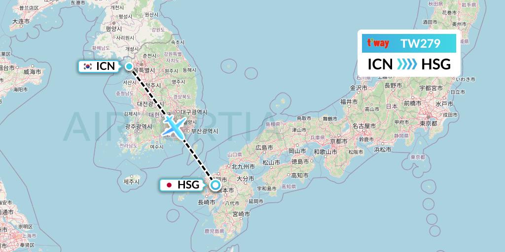 TW279 T'way Air Flight Map: Seoul to Saga