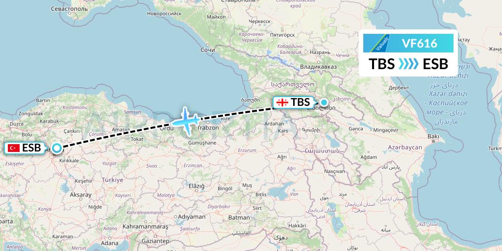 VF616 ValuAir Flight Map: Tbilisi to Ankara