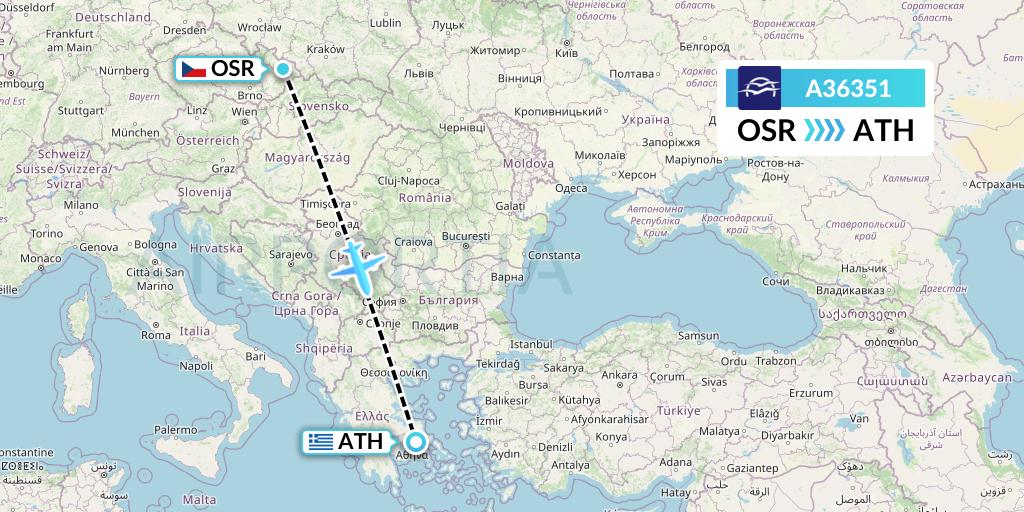 A36351 Aegean Airlines Flight Map: Ostrava to Athens