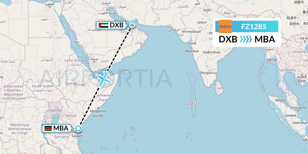 FZ1285 FlyDubai Flight Map: Dubai to Mombasa