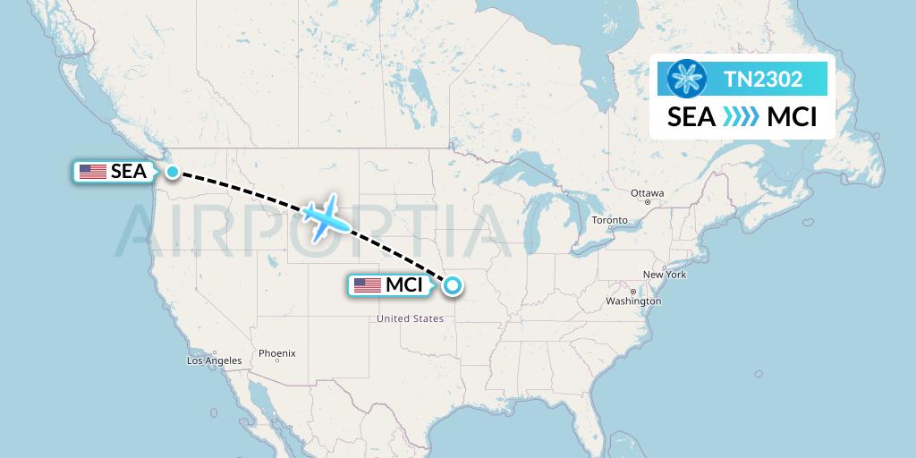 TN2302 Air Tahiti Nui Flight Map: Seattle to Kansas City