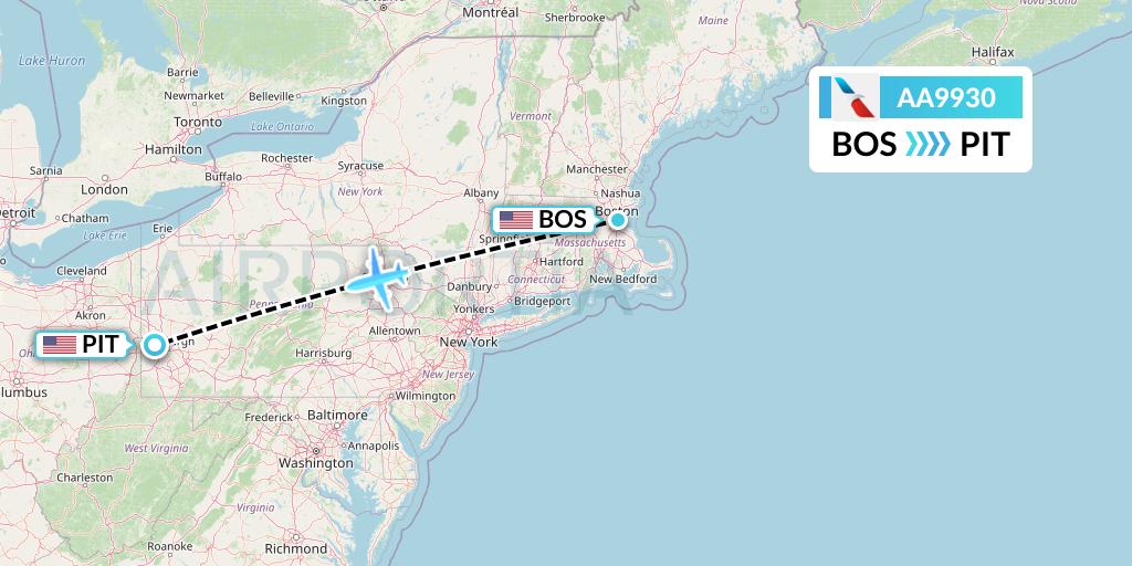 AA9930 American Airlines Flight Map: Boston to Pittsburgh
