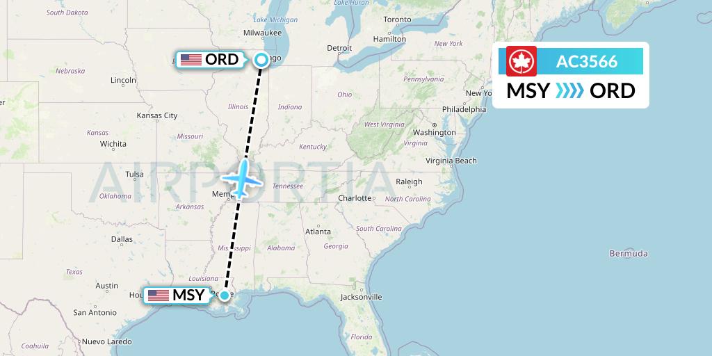 AC3566 Air Canada Flight Map: New Orleans to Chicago