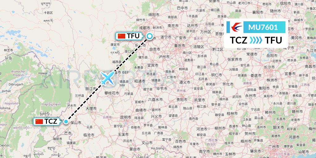 MU7601 China Eastern Airlines Flight Map: Tengchong to Chengdu