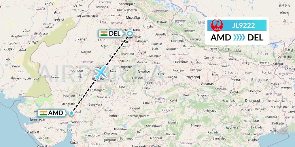JL9222 Japan Airlines Flight Map: Ahmedabad to Delhi