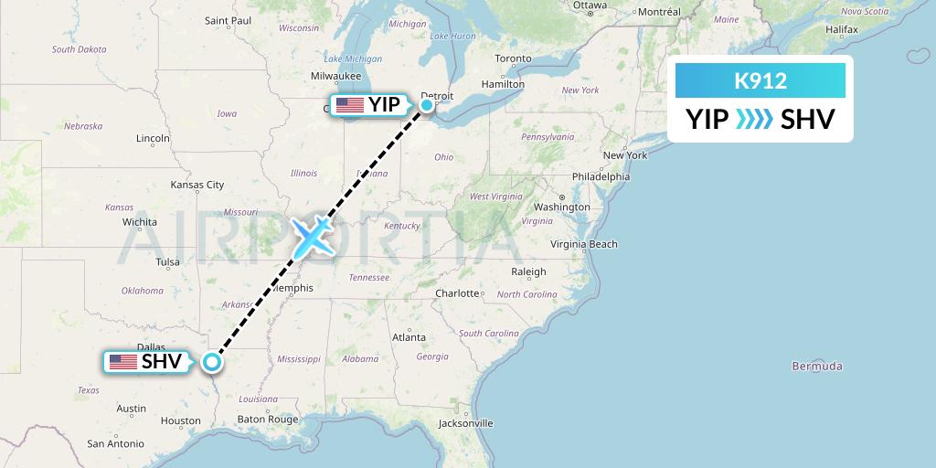 K912 Kalitta Charters Flight Map: Detroit to Shreveport
