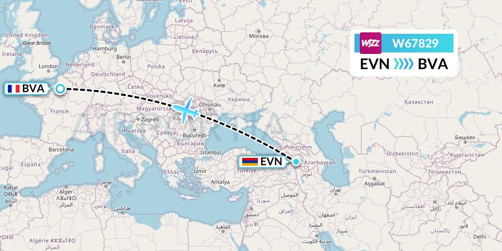 W67829 Wizz Air Flight Map: Yerevan to Paris