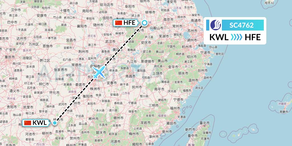 SC4762 Shandong Airlines Flight Map: Guilin to Hefei