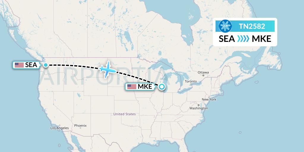 TN2582 Air Tahiti Nui Flight Map: Seattle to Milwaukee