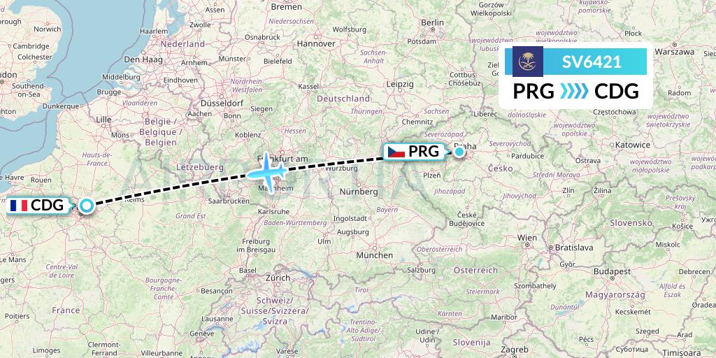SV6421 Saudi Arabian Airlines Flight Map: Prague to Paris