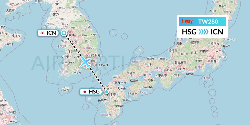 TW280 T'way Air Flight Map: Saga to Seoul