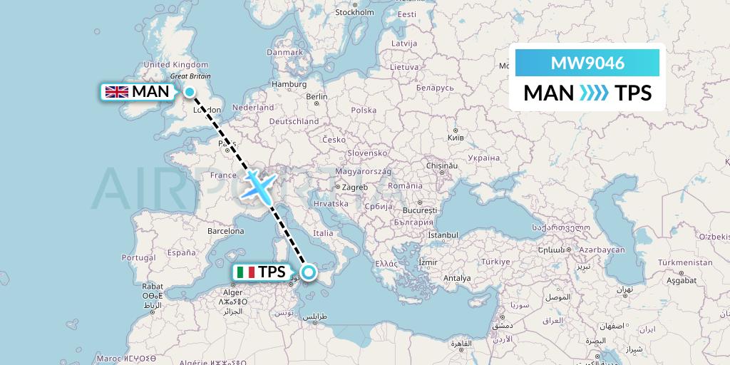 MW9046 Mokulele Flight Service Flight Map: Manchester to Trapani