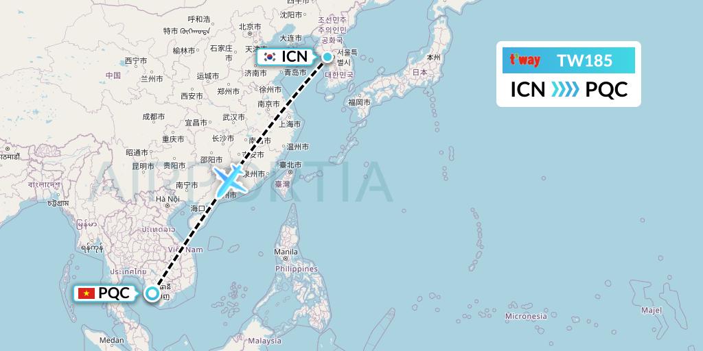 TW185 T'way Air Flight Map: Seoul to Phu Quoc