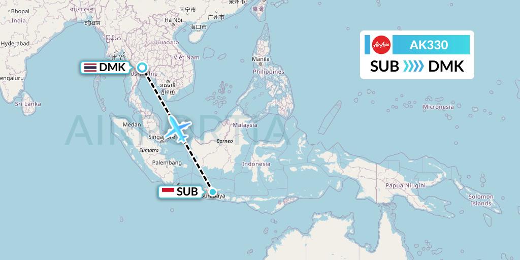 AK330 AirAsia Flight Map: Surabaya to Bangkok