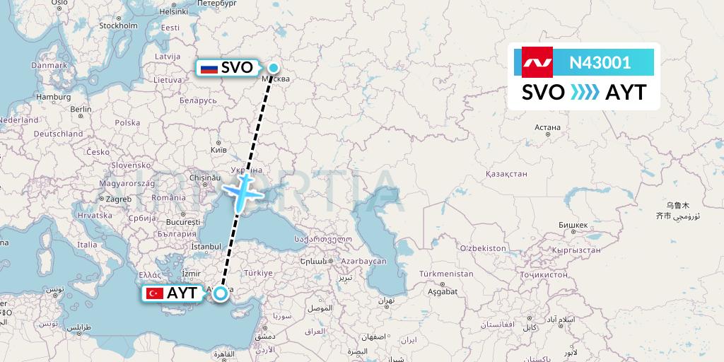 N43001 Nordwind Airlines Flight Map: Moscow to Antalya