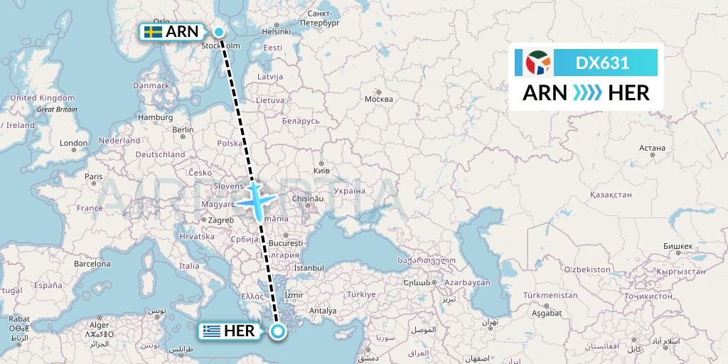 DX631 Danish Air Transport Flight Map: Stockholm to Heraklion
