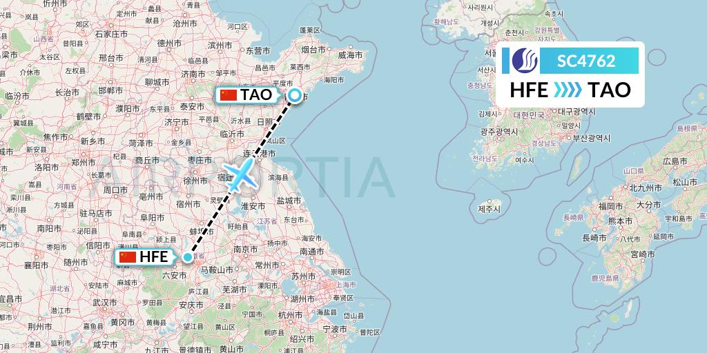 SC4762 Shandong Airlines Flight Map: Hefei to Qingdao