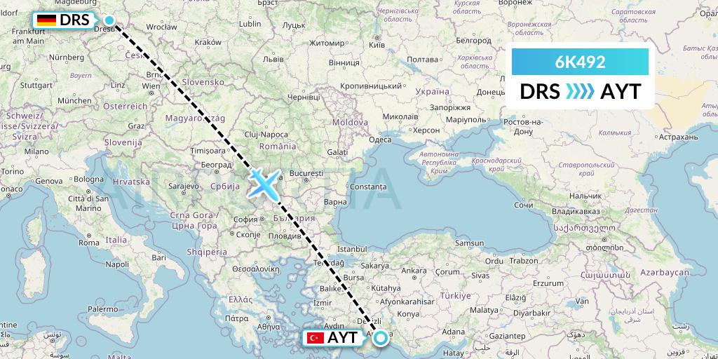 6K492 Songbird Airways Flight Map: Dresden to Antalya