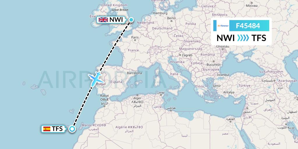 F45484 Air Flamenco Flight Map: Norwich to Tenerife