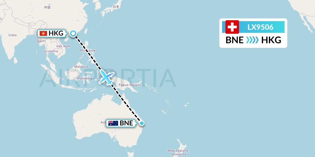 LX9506 Swiss Flight Map: Brisbane to Hong Kong