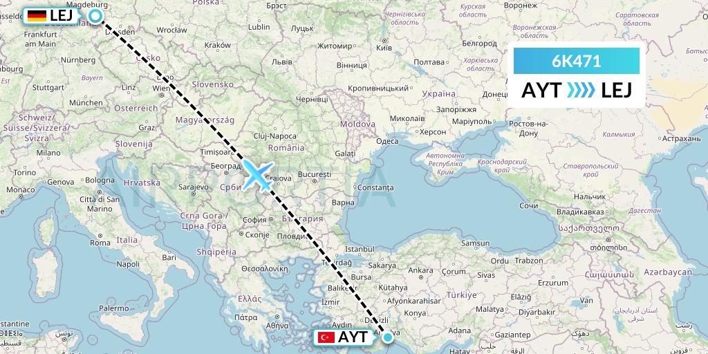 6K471 Songbird Airways Flight Map: Antalya to Leipzig