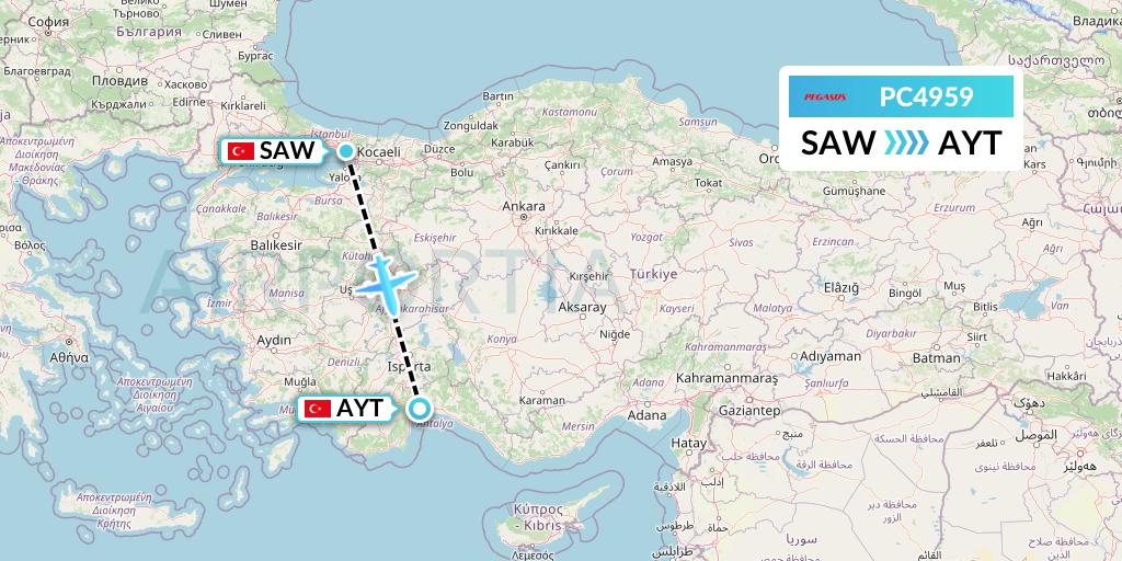 PC4959 Pegasus Airlines Flight Map: Istanbul to Antalya
