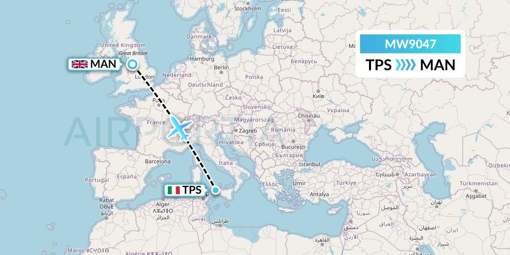 MW9047 Mokulele Flight Service Flight Map: Trapani to Manchester