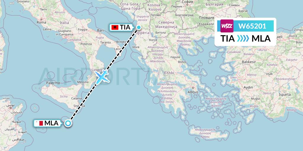 W65201 Wizz Air Flight Map: Tirana to Malta