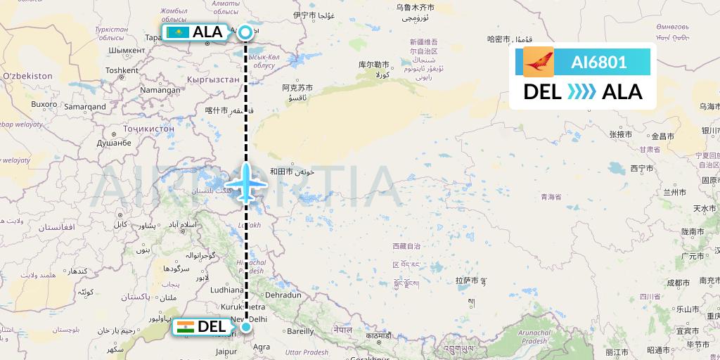 AI6801 Air India Flight Map: Delhi to Almaty