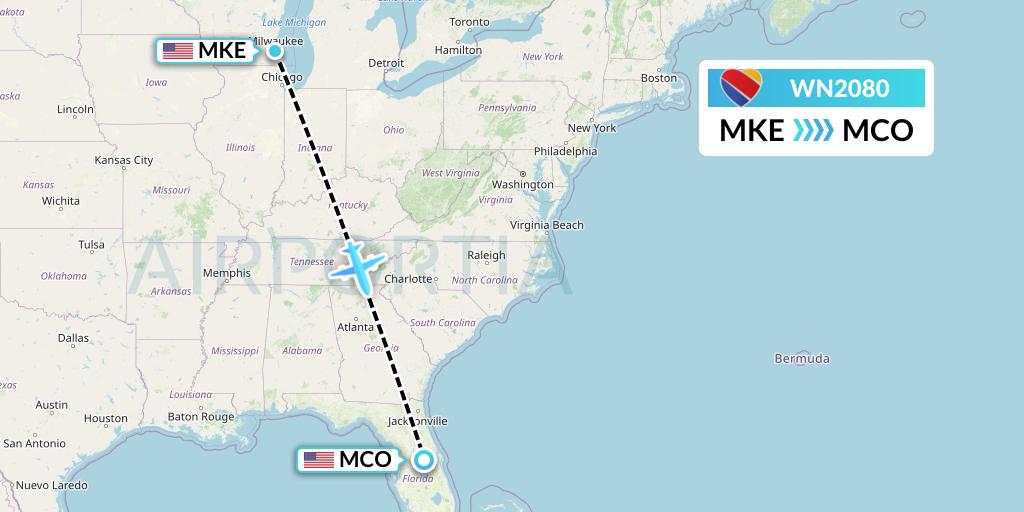 WN2080 Southwest Airlines Flight Map: Milwaukee to Orlando