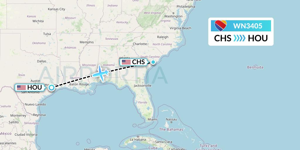 WN3405 Southwest Airlines Flight Map: Charleston to Houston