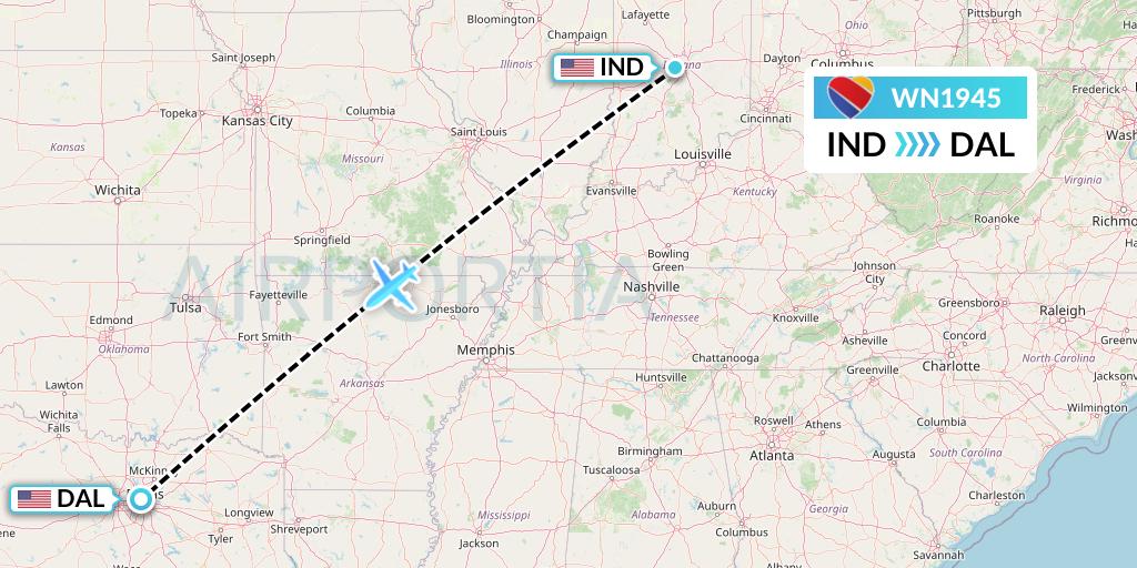 WN1945 Southwest Airlines Flight Map: Indianapolis to Dallas