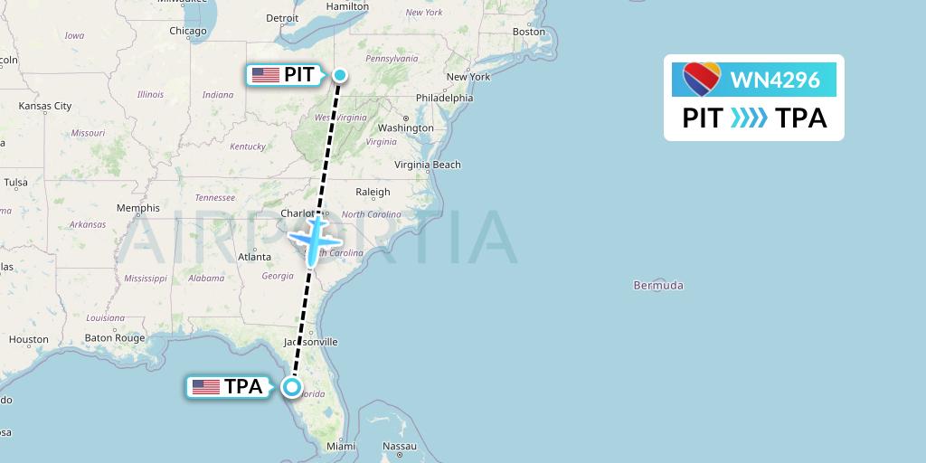 WN4296 Southwest Airlines Flight Map: Pittsburgh to Tampa