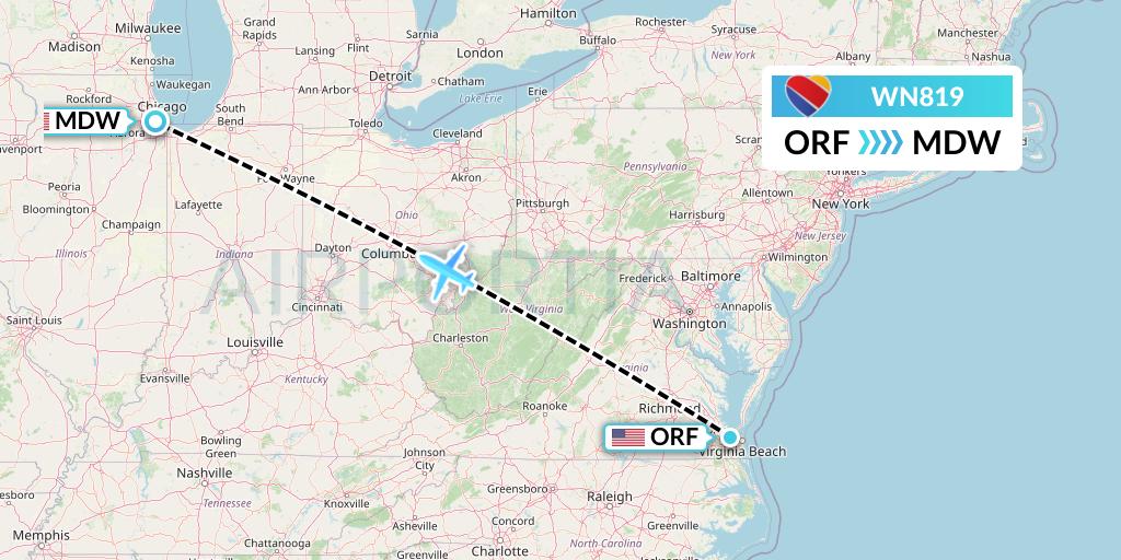 WN819 Southwest Airlines Flight Map: Norfolk to Chicago