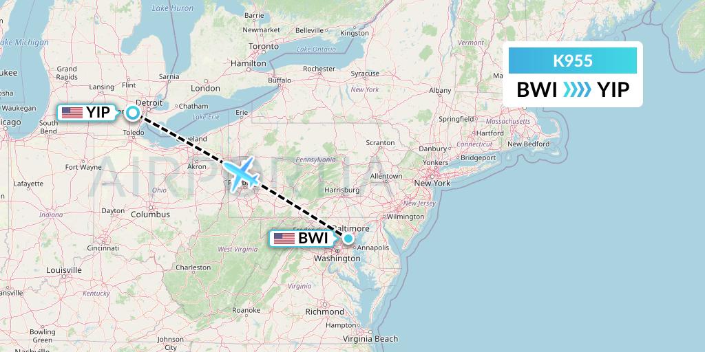 K955 Kalitta Charters Flight Map: Baltimore to Detroit
