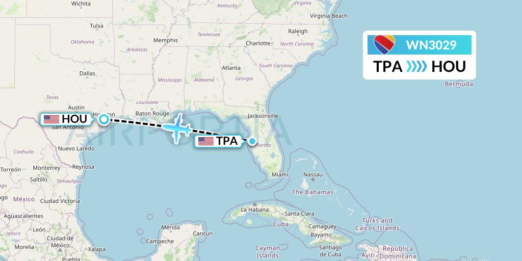 WN3029 Southwest Airlines Flight Map: Tampa to Houston