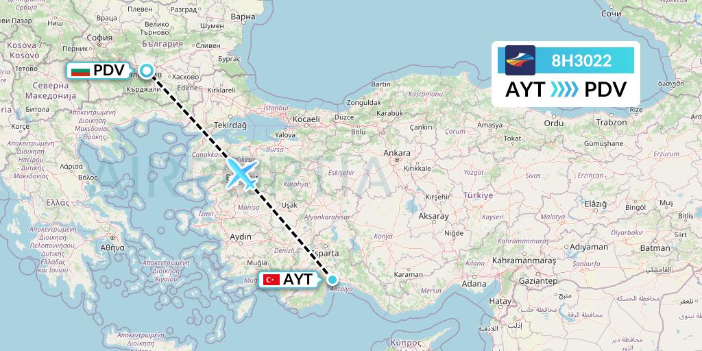 8H3022 BH Air Flight Map: Antalya to Plovdiv
