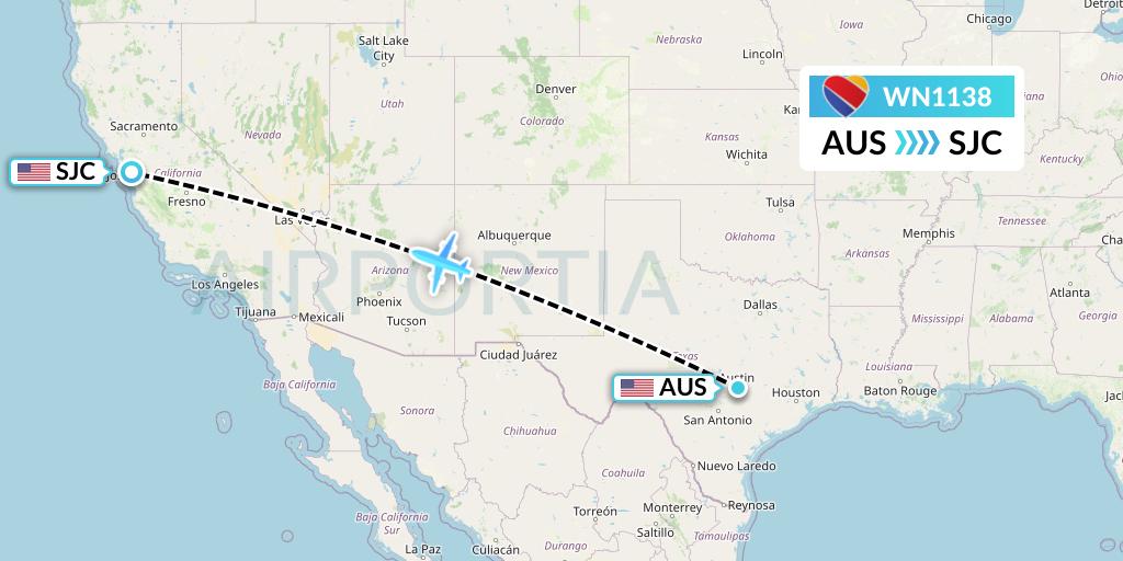 WN1138 Southwest Airlines Flight Map: Austin to San Jose