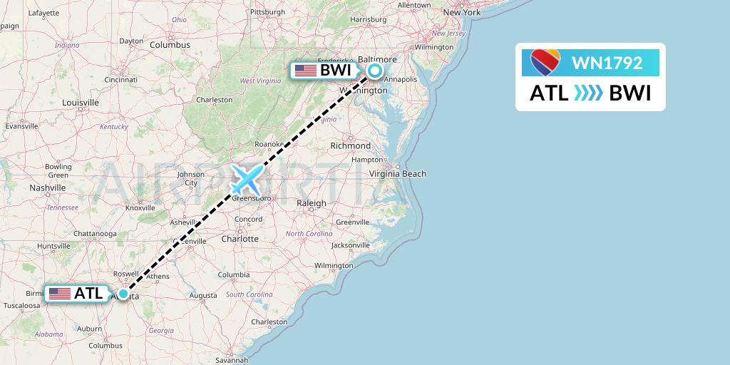WN1792 Southwest Airlines Flight Map: Atlanta to Baltimore