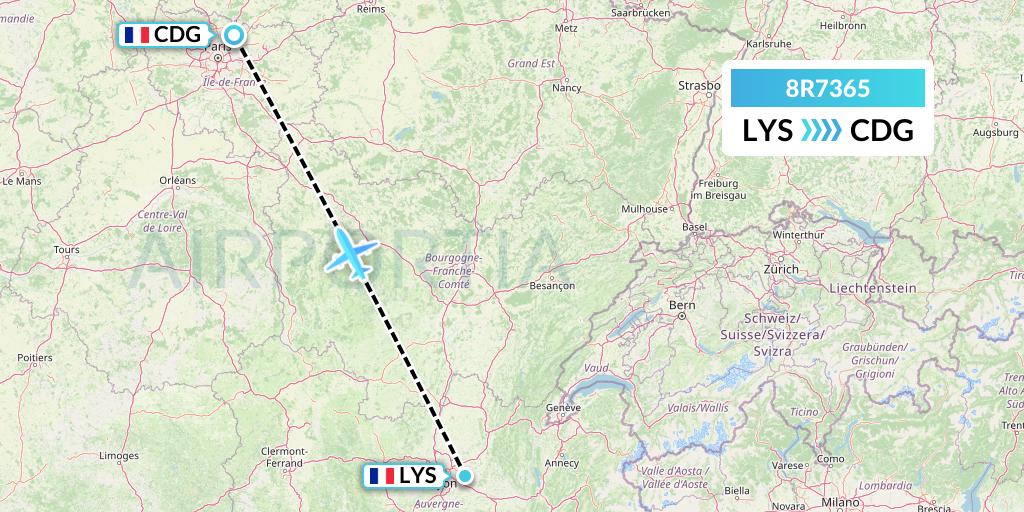 8R7365 Amelia Flight Map: Lyon to Paris