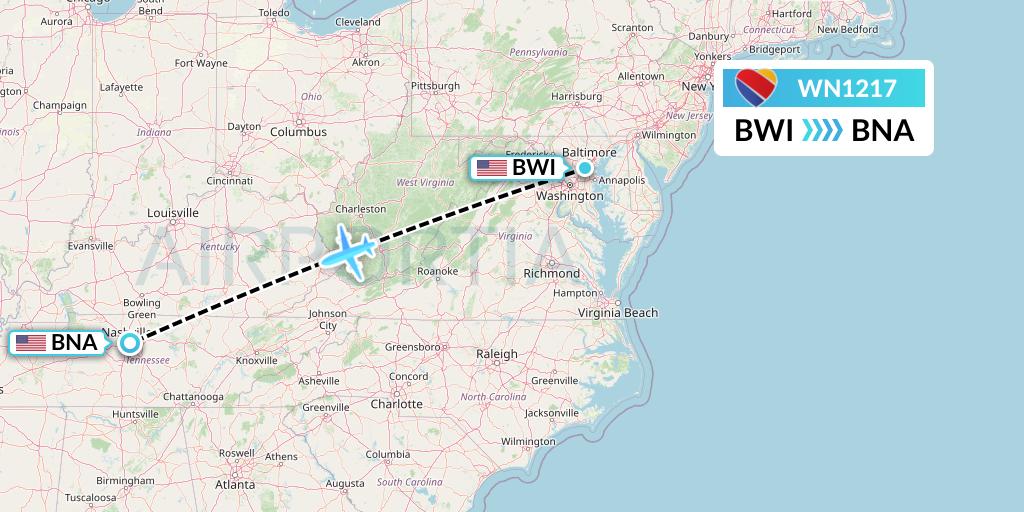 WN1217 Southwest Airlines Flight Map: Baltimore to Nashville