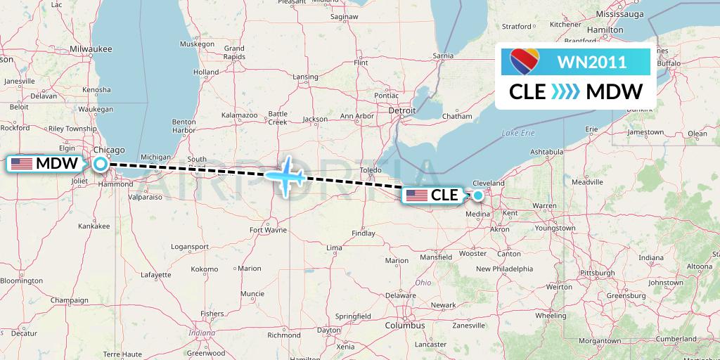 WN2011 Southwest Airlines Flight Map: Cleveland to Chicago