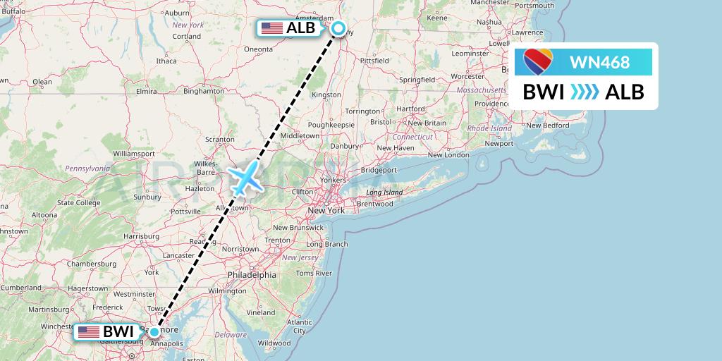 WN468 Southwest Airlines Flight Map: Baltimore to Albany
