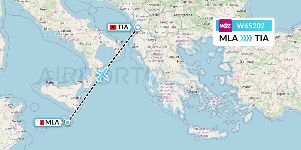 W65202 Wizz Air Flight Map: Malta to Tirana