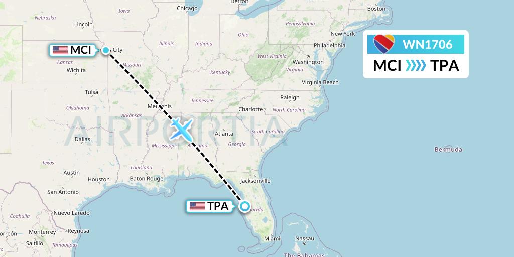 WN1706 Southwest Airlines Flight Map: Kansas City to Tampa